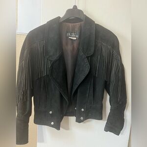 Outwear by Phoenix Vintage Black Suede Leather Jacket w/Fringe SzS Western Y2K